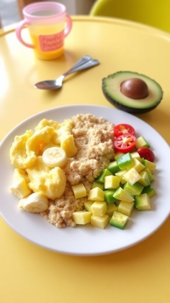 A nutritious breakfast for a 9-month-old with mashed banana, oatmeal, scrambled eggs, and avocado on a colorful plate.